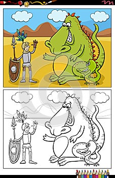 cartoon knight and dragons coloring book page