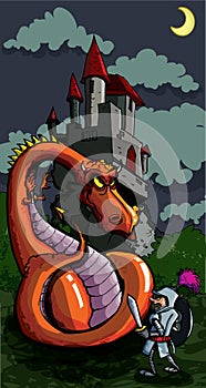 Cartoon of a knight facing a fierce dragon