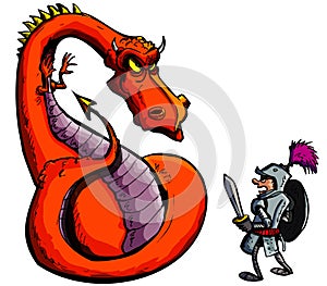 Cartoon of a knight facing a fierce dragon