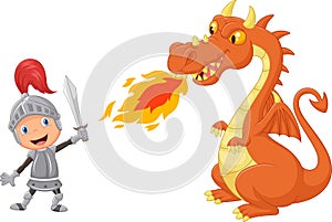 Cartoon knight with fierce dragon