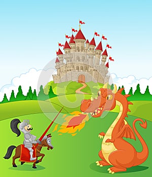 Cartoon knight with fierce dragon