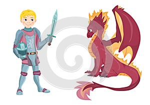 Cartoon knight with fierce dragon on white background