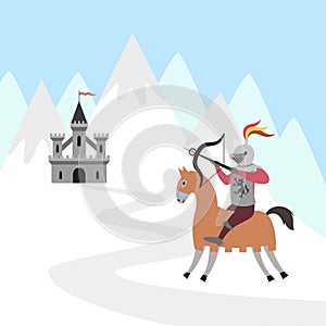 Cartoon knight on horseback and medieval castle