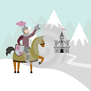 Cartoon knight on horseback and medieval castle on snow mountain