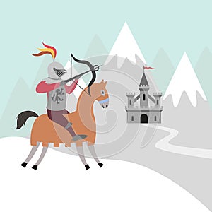 Cartoon knight on horseback and medieval castle on snow mountain