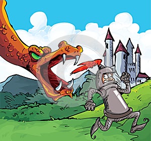 Cartoon of a knight running from a fierce dragon