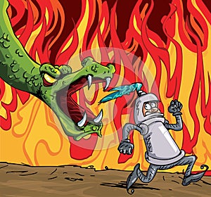 Cartoon of a knight running from a fierce dragon