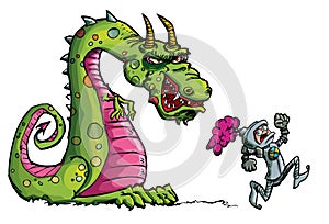 Cartoon of a knight running from a fierce dragon