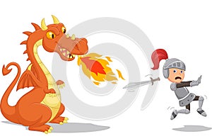 Cartoon of a knight running from a fierce dragon