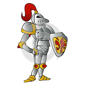 Cartoon knight with shield.