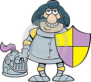 Cartoon knight in a suit of armor holding a shield.