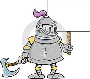 Cartoon knight wearing a helmet while holding a sign and a battle axe.