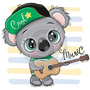 Cartoon Koala in a cap is playing guitar