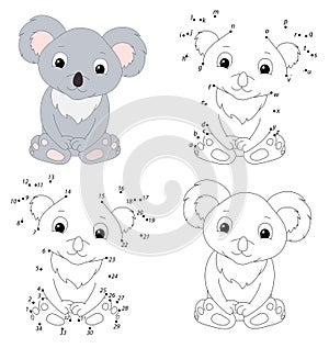 Cartoon koala. Coloring book and dot to dot game for kids photo