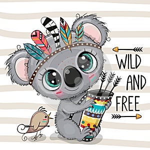 Cartoon Koala with feathers on a stripes background