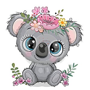 Cartoon Koala girl with flowers