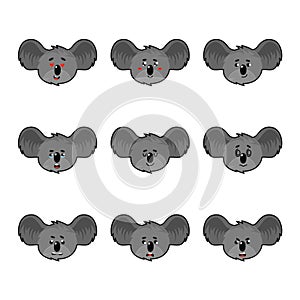 Cartoon Koala Grey Bear Head with Protruding Ears Expressing Different Emotion Vector Set