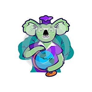 Cartoon koala holding a globe as a symbol of a smart and curious person