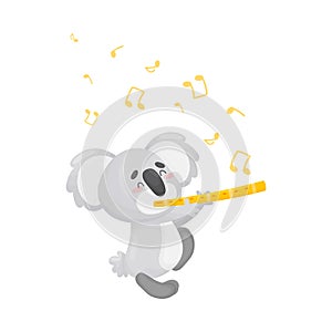 Cartoon koala with flute. Vector illustration on a white background.