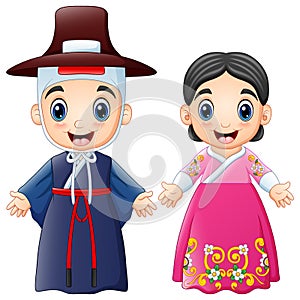 Cartoon Korean couple wearing traditional costumes