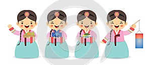 Cartoon Korean girl wearing hanbok with persimmons, gift, songpyeon & lantern