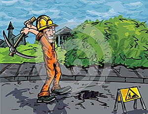 Cartoon of labourer using a pick axe