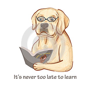 Cartoon of labrador dog wearing eyeglasses reading bookCartoon of labrador doCartoon of labrador g wearing eyeglasses reading book