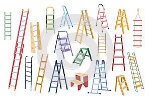 Cartoon ladder. Different types of stepladders, tall ladders for scaling new height isolated vector illustration set