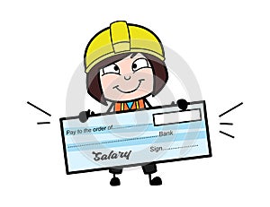 Cartoon Lady Engineer holding paycheck