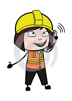 Cartoon Lady Engineer talking on Cell Phone