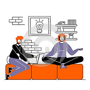 Cartoon lady sitting on couch and listen to music, young man sitting near and working on laptop