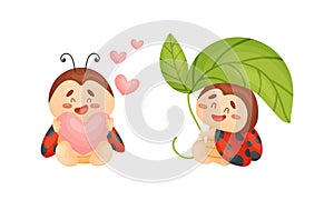 Cartoon Ladybug Holding Green Leaf and Heart Vector Set