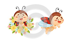 Cartoon Ladybug Sitting in Blooming Flowers and Flying Vector Set