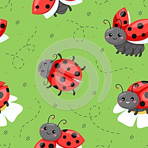 Cartoon ladybugs seamless pattern. Red colorful beetles with black polka dot, flying, crawling funny insects on
