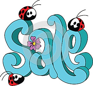 Cartoon ladybugs sitting on a Sale text vector illustration