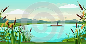 Cartoon lake landscape. Fisherman fishing in boat on pond with reeds, catching fish. Nature vector background illustration