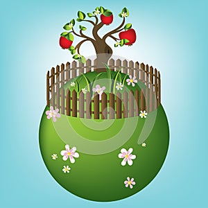 Cartoon land with apple tree, vector