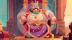 Cartoon landing page of a king in his palace, a medieval royal family character, a smiling fat monarchy in a crown and photo