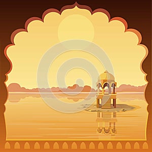 Cartoon landscape: the ancient Indian palace, view from the window, arbour in the river.