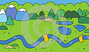 Cartoon Landscape Background with River, Meadow, Forest and Mountains. Vector Nature Illustration