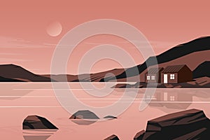 Cartoon landscape with cabin on lake. Minimal nature background with wooden house on lake shore, trees and mountains at