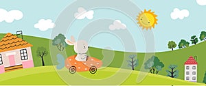 Cartoon landscape with cute bunny drive carrot car. Nature childish banner, smiling sun and rabbit. Village vector