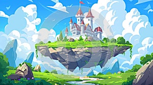 Cartoon landscape with fantasy castle on floating island in the sky. Magical flying kingdom in the heavens. Summer green