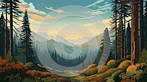 Whistlerian Landscape Illustration: Autumn Forest In Bold Lithographic Style photo