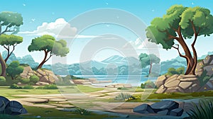 Cartoon Landscape Game Asset: Prehistoric Bay With Trees And Stones