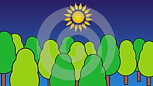 Cartoon landscape - green trees appear against the blue sky and the sun.