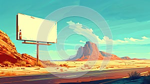 Cartoon landscape of hot sand desert with highway turn, advertising banner with beer bottle, orange mountains and road