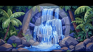 This cartoon landscape illustrates a cascading waterfall cascading from rocks around a creek or lake. A water jet falls