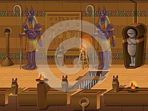 Cartoon landscape inside Egyptian tomb, vector unending background with separated layers.