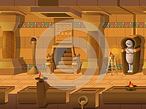 Cartoon landscape inside Egyptian tomb, vector unending background with separated layers. photo